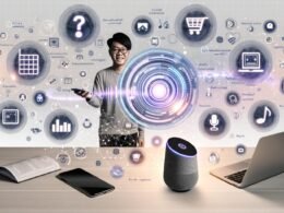 Futuristischer Arbeitsplatz mit junger Person, die gleichzeitig verschiedene vernetzte Smart-Geräte durch Sprachbefehle bedient. Umgeben von Voice-Commerce-Symbolen, digitalem Katalog und integrierten Zahlungs-APIs bei Deezer.