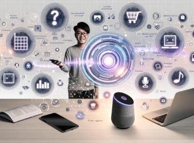 Futuristischer Arbeitsplatz mit junger Person, die gleichzeitig verschiedene vernetzte Smart-Geräte durch Sprachbefehle bedient. Umgeben von Voice-Commerce-Symbolen, digitalem Katalog und integrierten Zahlungs-APIs bei Deezer.