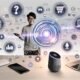 Futuristischer Arbeitsplatz mit junger Person, die gleichzeitig verschiedene vernetzte Smart-Geräte durch Sprachbefehle bedient. Umgeben von Voice-Commerce-Symbolen, digitalem Katalog und integrierten Zahlungs-APIs bei Deezer.