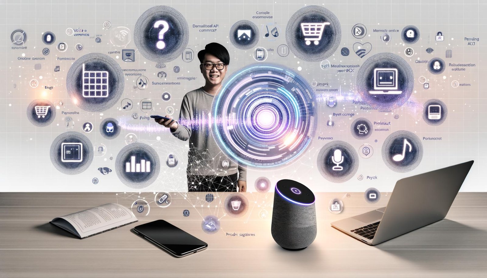 Futuristischer Arbeitsplatz mit junger Person, die gleichzeitig verschiedene vernetzte Smart-Geräte durch Sprachbefehle bedient. Umgeben von Voice-Commerce-Symbolen, digitalem Katalog und integrierten Zahlungs-APIs bei Deezer.
