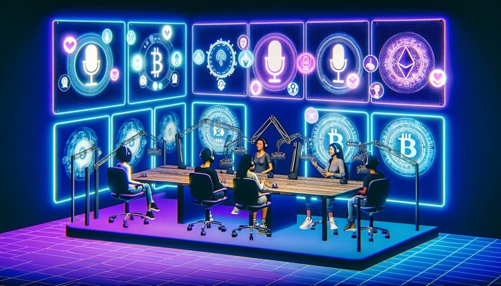 Podcast-Studio mit futuristischem Design, Blockchain-Hologrammen, NFT-Kunst, diversen Podcastern und hochmodernen Web3-Interfaces vor leuchtendem Neonhintergrund.