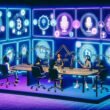 Podcast-Studio mit futuristischem Design, Blockchain-Hologrammen, NFT-Kunst, diversen Podcastern und hochmodernen Web3-Interfaces vor leuchtendem Neonhintergrund.