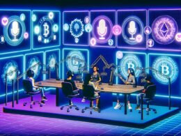 Podcast-Studio mit futuristischem Design, Blockchain-Hologrammen, NFT-Kunst, diversen Podcastern und hochmodernen Web3-Interfaces vor leuchtendem Neonhintergrund.