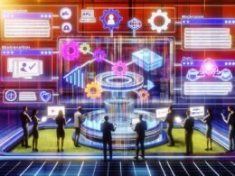 Modernes Marketing-Team arbeitet an einem leuchtenden Dashboard mit User Generated Content, vernetzten Modulen und digitalen Sicherheitssymbolen.