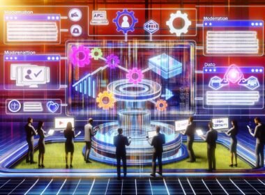 Modernes Marketing-Team arbeitet an einem leuchtenden Dashboard mit User Generated Content, vernetzten Modulen und digitalen Sicherheitssymbolen.