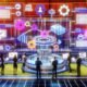Modernes Marketing-Team arbeitet an einem leuchtenden Dashboard mit User Generated Content, vernetzten Modulen und digitalen Sicherheitssymbolen.