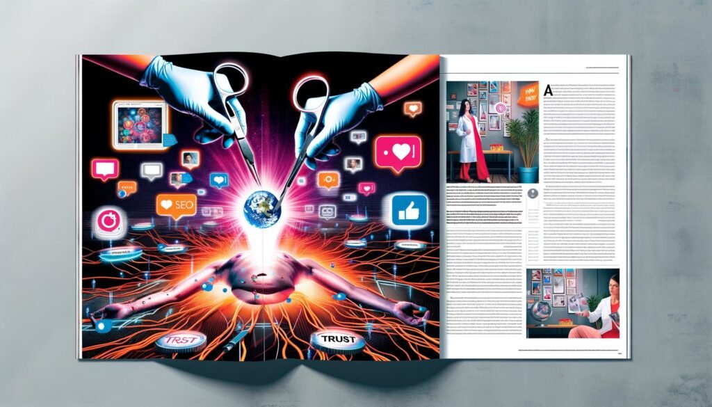 Magazin-Doppelseite zeigt eine Hand, die leuchtenden Social-Media-Content in den Technik-Kern einer Website einfügt, umgeben von Nutzerbewertungen, Fotos und Videos, mit Marketer-Figuren im Hintergrund.