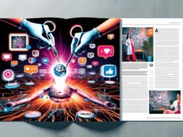 Magazin-Doppelseite zeigt eine Hand, die leuchtenden Social-Media-Content in den Technik-Kern einer Website einfügt, umgeben von Nutzerbewertungen, Fotos und Videos, mit Marketer-Figuren im Hintergrund.