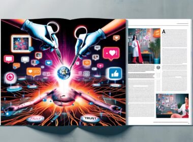 Magazin-Doppelseite zeigt eine Hand, die leuchtenden Social-Media-Content in den Technik-Kern einer Website einfügt, umgeben von Nutzerbewertungen, Fotos und Videos, mit Marketer-Figuren im Hintergrund.