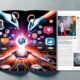 Magazin-Doppelseite zeigt eine Hand, die leuchtenden Social-Media-Content in den Technik-Kern einer Website einfügt, umgeben von Nutzerbewertungen, Fotos und Videos, mit Marketer-Figuren im Hintergrund.