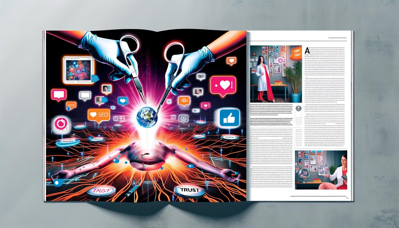 Magazin-Doppelseite zeigt eine Hand, die leuchtenden Social-Media-Content in den Technik-Kern einer Website einfügt, umgeben von Nutzerbewertungen, Fotos und Videos, mit Marketer-Figuren im Hintergrund.
