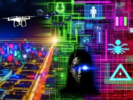 Futuristische Großstadt mit Neonlichtern und einer verhüllten Figur, deren Gesicht von Kamera-Pixeln fragmentiert ist, sowie auffälligen Daten- und KI-Elementen.