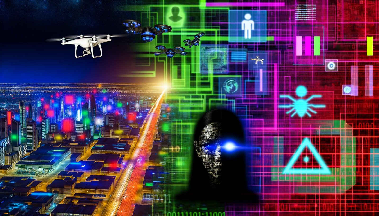 Futuristische Großstadt mit Neonlichtern und einer verhüllten Figur, deren Gesicht von Kamera-Pixeln fragmentiert ist, sowie auffälligen Daten- und KI-Elementen.