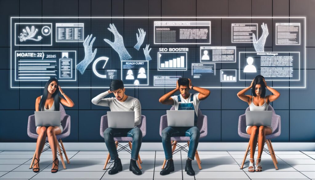 Minimalistischer Büroraum mit Marketing-Team, digitalen User Generated Content-Elementen und großem SEO-Dashboard im Vordergrund, Szene voller Aufbruchsstimmung und Vernetzung im Jahr 2025.