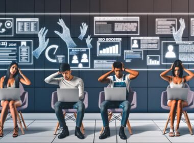 Minimalistischer Büroraum mit Marketing-Team, digitalen User Generated Content-Elementen und großem SEO-Dashboard im Vordergrund, Szene voller Aufbruchsstimmung und Vernetzung im Jahr 2025.