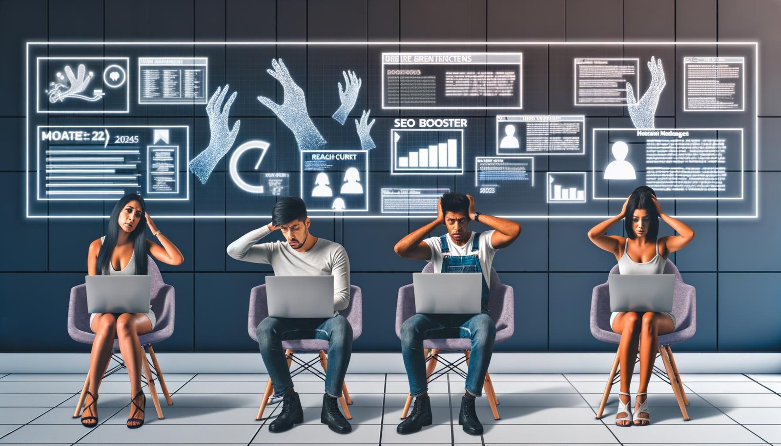 Minimalistischer Büroraum mit Marketing-Team, digitalen User Generated Content-Elementen und großem SEO-Dashboard im Vordergrund, Szene voller Aufbruchsstimmung und Vernetzung im Jahr 2025.