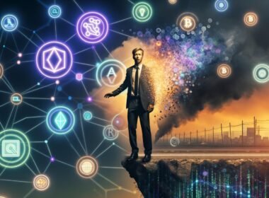 Metaphorisches Bild eines entschlossenen Menschen im Anzug am Rand einer digitalen Kante, mit KI-, Algorithmus- und Blockchain-Elementen sowie verschwimmenden Komfortzonen-Kreisen.