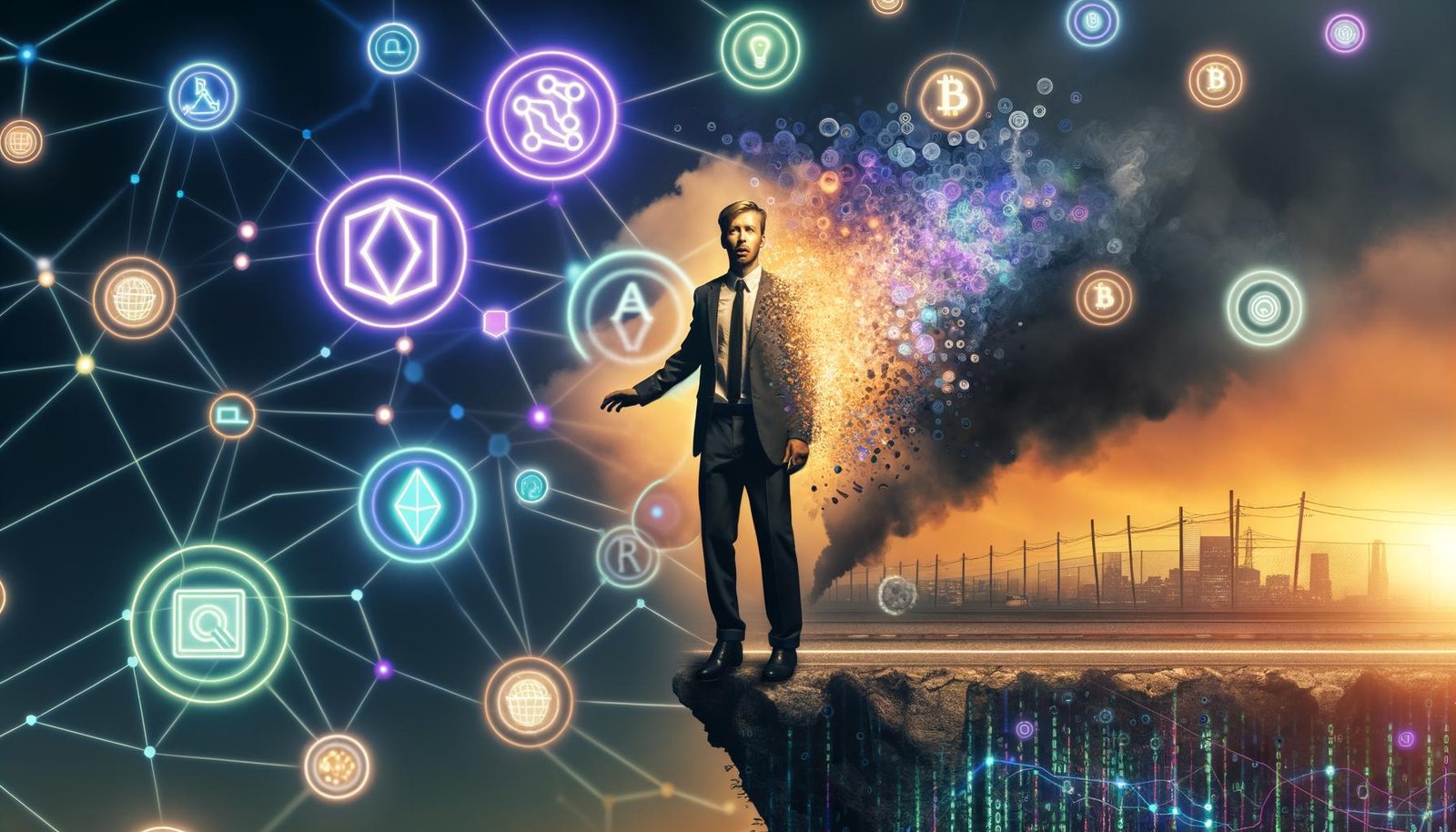 Metaphorisches Bild eines entschlossenen Menschen im Anzug am Rand einer digitalen Kante, mit KI-, Algorithmus- und Blockchain-Elementen sowie verschwimmenden Komfortzonen-Kreisen.