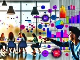 Konzentrierte Person analysiert Data Dashboard im modernen Büro mit Balkendiagrammen, Heatmaps und inspirierter Teamdiskussion im Hintergrund.