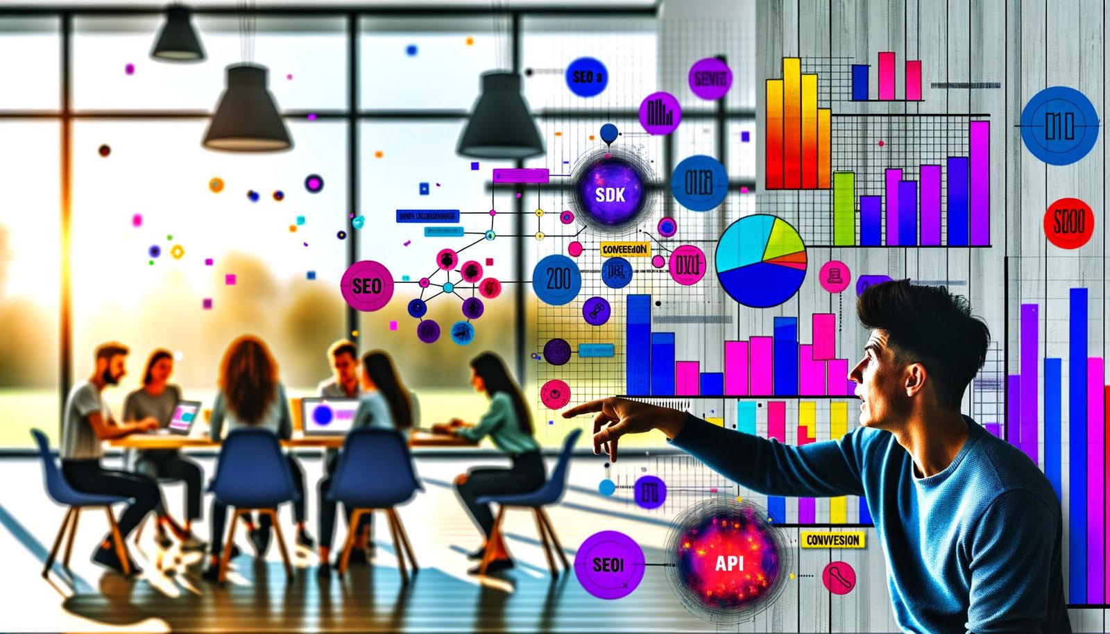 Konzentrierte Person analysiert Data Dashboard im modernen Büro mit Balkendiagrammen, Heatmaps und inspirierter Teamdiskussion im Hintergrund.