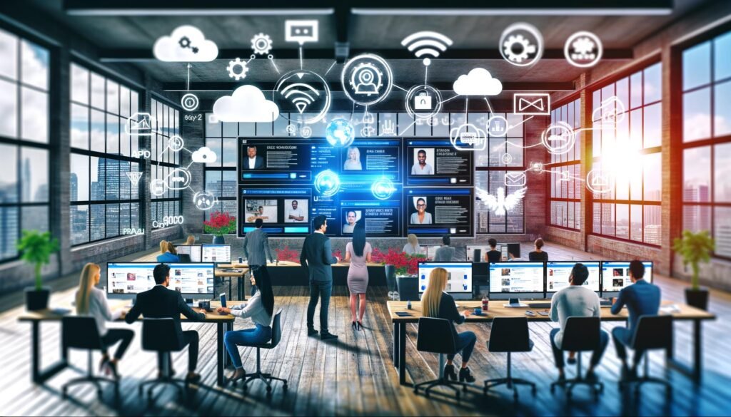 Modernes Loft-Büro mit Digital-Experten-Team, das Social Media Feeds, Kundenfotos und Nutzerbewertungen analysiert. Whiteboard mit Workflow-Plänen und KI- sowie Cloud-Symbolen im Fokus.