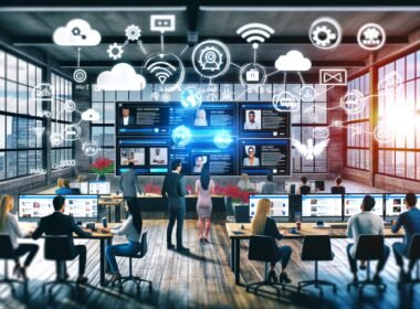 Modernes Loft-Büro mit Digital-Experten-Team, das Social Media Feeds, Kundenfotos und Nutzerbewertungen analysiert. Whiteboard mit Workflow-Plänen und KI- sowie Cloud-Symbolen im Fokus.