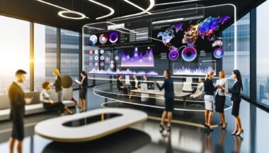 Team von Business-Profis interagiert an einem großen Touchscreen mit interaktiven Datenvisualisierungen, Diagrammen und Geo-Heatmaps in einem modernen, hellen Büro.