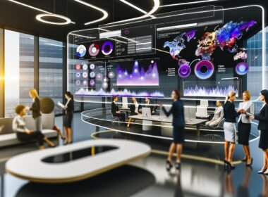 Team von Business-Profis interagiert an einem großen Touchscreen mit interaktiven Datenvisualisierungen, Diagrammen und Geo-Heatmaps in einem modernen, hellen Büro.