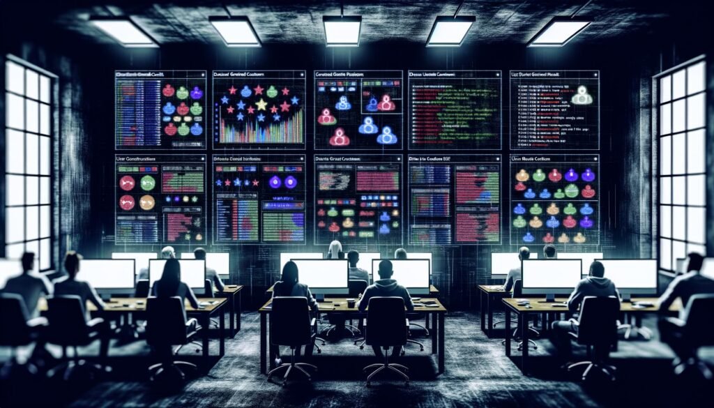 Team aus Marketers, Data Scientists und Entwicklern arbeitet konzentriert in einem dunklen Raum an Monitoren mit Data-Pipelines und Visualisierungen von Nutzerinhalten, Whiteboards mit Code und Strategien an den Wänden.
