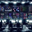 Team aus Marketers, Data Scientists und Entwicklern arbeitet konzentriert in einem dunklen Raum an Monitoren mit Data-Pipelines und Visualisierungen von Nutzerinhalten, Whiteboards mit Code und Strategien an den Wänden.