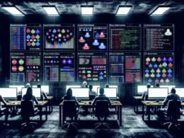 Team aus Marketers, Data Scientists und Entwicklern arbeitet konzentriert in einem dunklen Raum an Monitoren mit Data-Pipelines und Visualisierungen von Nutzerinhalten, Whiteboards mit Code und Strategien an den Wänden.