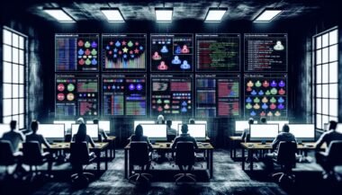 Team aus Marketers, Data Scientists und Entwicklern arbeitet konzentriert in einem dunklen Raum an Monitoren mit Data-Pipelines und Visualisierungen von Nutzerinhalten, Whiteboards mit Code und Strategien an den Wänden.