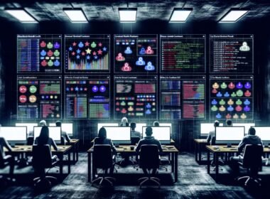 Team aus Marketers, Data Scientists und Entwicklern arbeitet konzentriert in einem dunklen Raum an Monitoren mit Data-Pipelines und Visualisierungen von Nutzerinhalten, Whiteboards mit Code und Strategien an den Wänden.