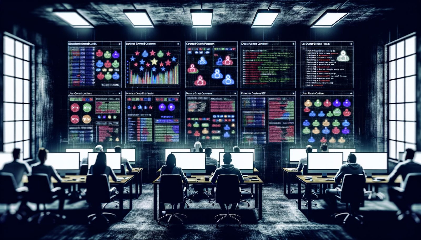 Team aus Marketers, Data Scientists und Entwicklern arbeitet konzentriert in einem dunklen Raum an Monitoren mit Data-Pipelines und Visualisierungen von Nutzerinhalten, Whiteboards mit Code und Strategien an den Wänden.