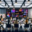 Dynamisches Marketing-Team in modernem Büro, das um einen Bildschirm mit farbenfrohen Datenvisualisierungen sitzt, Notizen, Laptops und digitale Geräte im Raum.