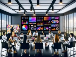 Dynamisches Marketing-Team in modernem Büro, das um einen Bildschirm mit farbenfrohen Datenvisualisierungen sitzt, Notizen, Laptops und digitale Geräte im Raum.