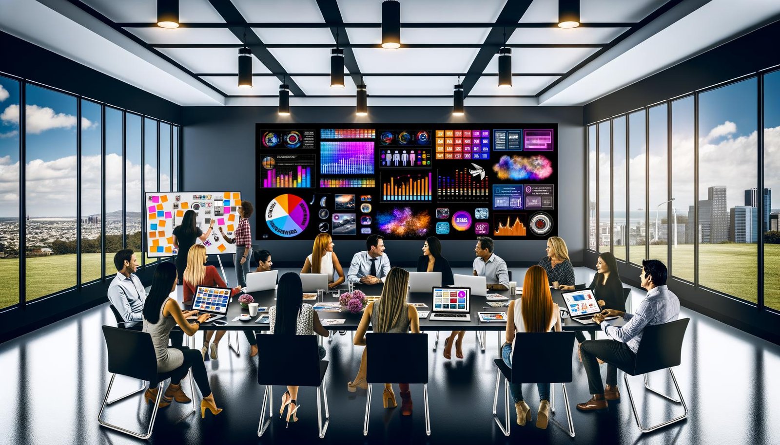 Dynamisches Marketing-Team in modernem Büro, das um einen Bildschirm mit farbenfrohen Datenvisualisierungen sitzt, Notizen, Laptops und digitale Geräte im Raum.