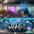 Futuristische Großstadt im Neonlicht, Menschen an einer digitalen Klippe vor zerfallenden Fabriken und aufsteigender KI-Skyline; Manager am Konferenztisch sehen fasziniert einen disruptiven Algorithmus; Papier und digitale Elemente auf Schreibtisch, Innovationen brechen alte Best-Practice-Symbole; stilisierter KI-Avatar, Blockchain-Kette und Quantenwürfel, die Geschäftsmodelle transformieren; digitale Blueprint-Tafel mit Roadmap Icons; Organisation als Netzwerk digitaler Bausteine trotzt Datensturm; Person überquert Brücke von Technikruinen zu leuchtender, digitaler Zukunft.