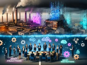 Futuristische Großstadt im Neonlicht, Menschen an einer digitalen Klippe vor zerfallenden Fabriken und aufsteigender KI-Skyline; Manager am Konferenztisch sehen fasziniert einen disruptiven Algorithmus; Papier und digitale Elemente auf Schreibtisch, Innovationen brechen alte Best-Practice-Symbole; stilisierter KI-Avatar, Blockchain-Kette und Quantenwürfel, die Geschäftsmodelle transformieren; digitale Blueprint-Tafel mit Roadmap Icons; Organisation als Netzwerk digitaler Bausteine trotzt Datensturm; Person überquert Brücke von Technikruinen zu leuchtender, digitaler Zukunft.