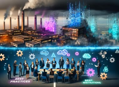 Futuristische Großstadt im Neonlicht, Menschen an einer digitalen Klippe vor zerfallenden Fabriken und aufsteigender KI-Skyline; Manager am Konferenztisch sehen fasziniert einen disruptiven Algorithmus; Papier und digitale Elemente auf Schreibtisch, Innovationen brechen alte Best-Practice-Symbole; stilisierter KI-Avatar, Blockchain-Kette und Quantenwürfel, die Geschäftsmodelle transformieren; digitale Blueprint-Tafel mit Roadmap Icons; Organisation als Netzwerk digitaler Bausteine trotzt Datensturm; Person überquert Brücke von Technikruinen zu leuchtender, digitaler Zukunft.