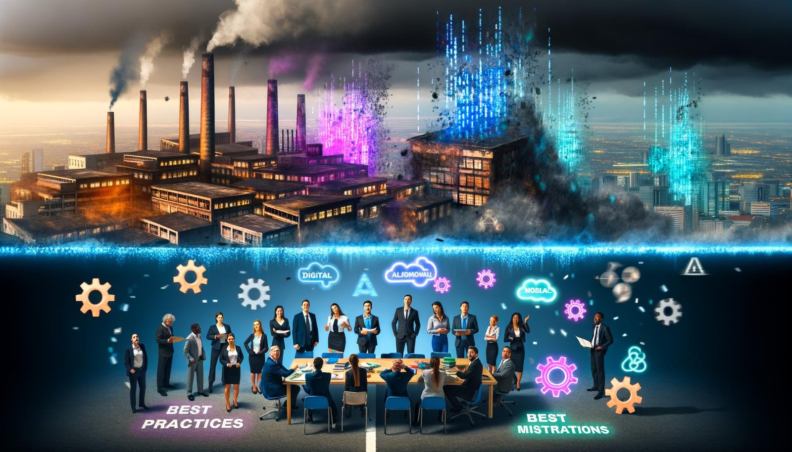 Futuristische Großstadt im Neonlicht, Menschen an einer digitalen Klippe vor zerfallenden Fabriken und aufsteigender KI-Skyline; Manager am Konferenztisch sehen fasziniert einen disruptiven Algorithmus; Papier und digitale Elemente auf Schreibtisch, Innovationen brechen alte Best-Practice-Symbole; stilisierter KI-Avatar, Blockchain-Kette und Quantenwürfel, die Geschäftsmodelle transformieren; digitale Blueprint-Tafel mit Roadmap Icons; Organisation als Netzwerk digitaler Bausteine trotzt Datensturm; Person überquert Brücke von Technikruinen zu leuchtender, digitaler Zukunft.