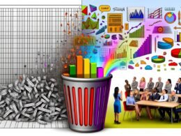 Illustration mit tristen Excel-Zahlen und Balkendiagrammen auf der linken Seite, die in einen Papierkorb verschwinden, und auf der rechten Seite lebendige, farbige Diagramme, Infografiken und faszinierte Menschen vor Bildschirmen.