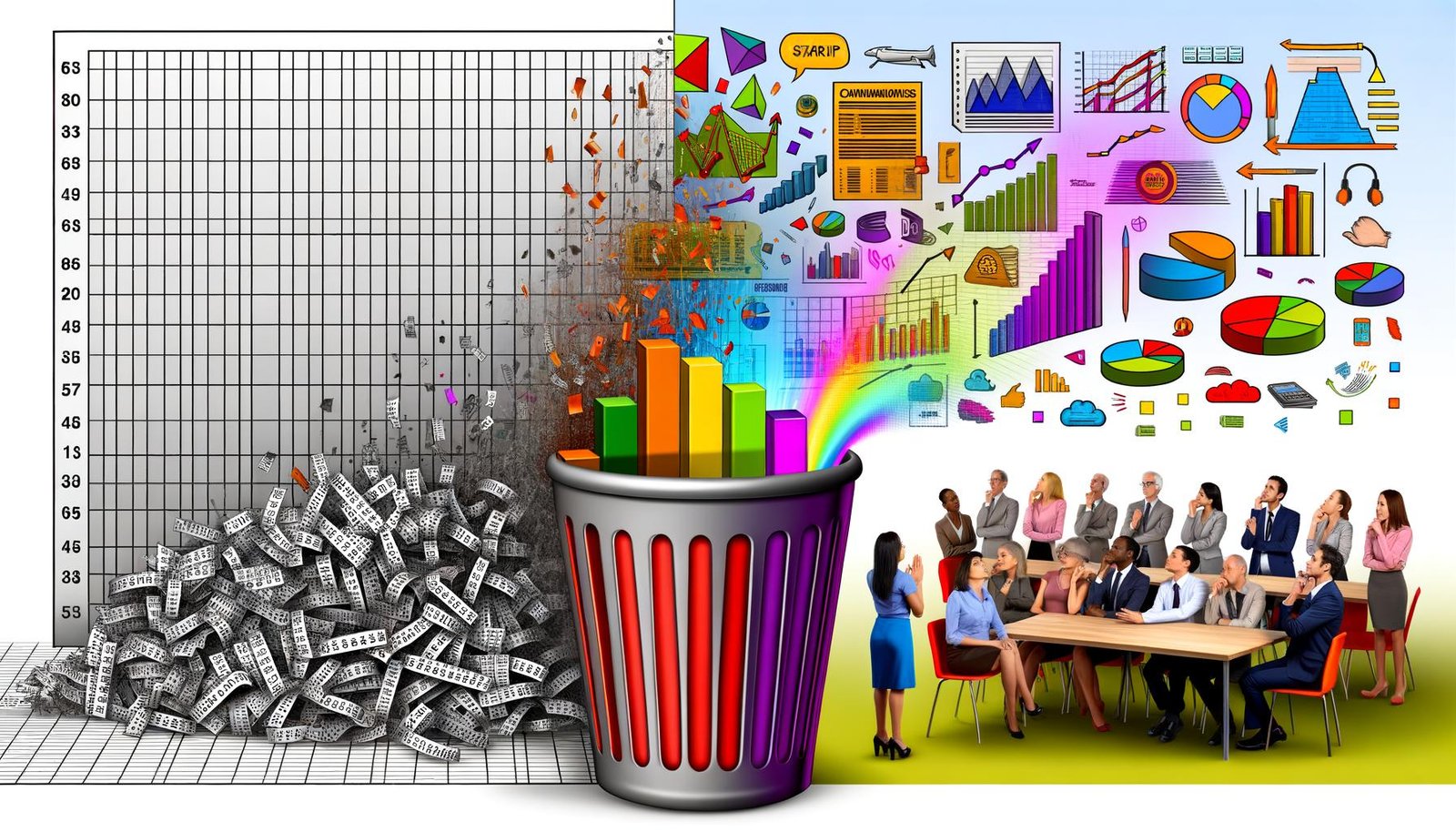 Illustration mit tristen Excel-Zahlen und Balkendiagrammen auf der linken Seite, die in einen Papierkorb verschwinden, und auf der rechten Seite lebendige, farbige Diagramme, Infografiken und faszinierte Menschen vor Bildschirmen.