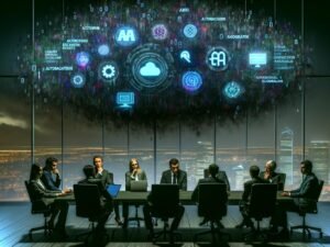 Entscheidungsträger:innen sitzen nachts im düsteren Konferenzraum vor digitalen Dashboards zu KI, Blockchain und Cybersecurity, über ihnen die Andeutung eines digitalen Tsunamis aus Binärzahlen.