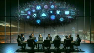 Entscheidungsträger:innen sitzen nachts im düsteren Konferenzraum vor digitalen Dashboards zu KI, Blockchain und Cybersecurity, über ihnen die Andeutung eines digitalen Tsunamis aus Binärzahlen.