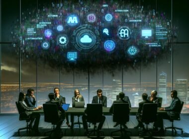 Entscheidungsträger:innen sitzen nachts im düsteren Konferenzraum vor digitalen Dashboards zu KI, Blockchain und Cybersecurity, über ihnen die Andeutung eines digitalen Tsunamis aus Binärzahlen.