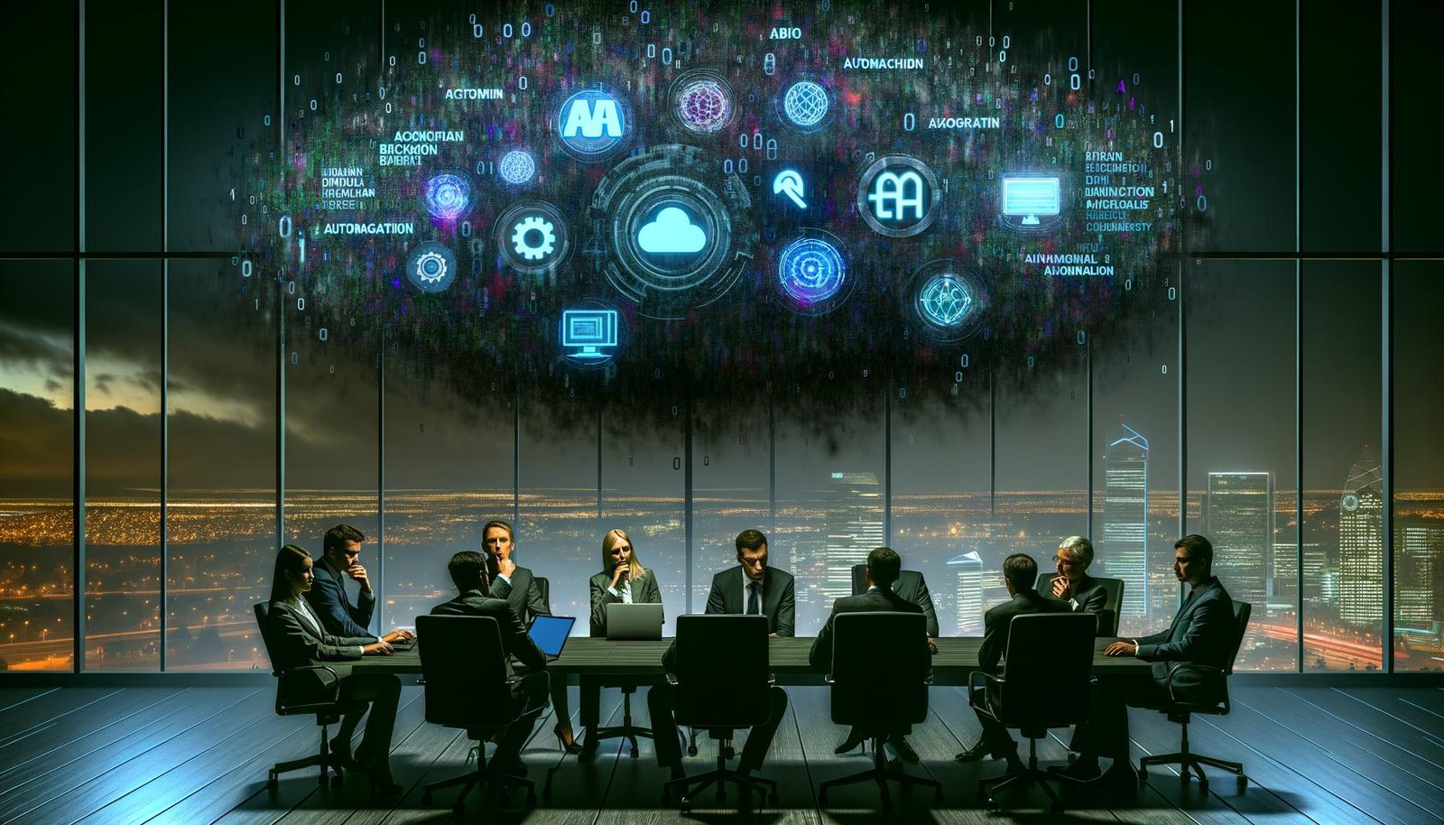 Entscheidungsträger:innen sitzen nachts im düsteren Konferenzraum vor digitalen Dashboards zu KI, Blockchain und Cybersecurity, über ihnen die Andeutung eines digitalen Tsunamis aus Binärzahlen.