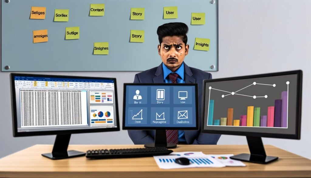 Führungskraft im Büro vor drei Monitoren: links eine unübersichtliche Excel-Tabelle, mittig ein farbiges Balkendiagramm in PowerPoint, rechts ein lebendiges, interaktives Dashboard mit klaren Visualisierungen. Im Vordergrund Notizzettel mit den Worten Kontext, Story, User, Insights.