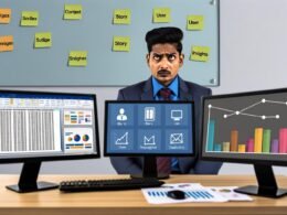 Führungskraft im Büro vor drei Monitoren: links eine unübersichtliche Excel-Tabelle, mittig ein farbiges Balkendiagramm in PowerPoint, rechts ein lebendiges, interaktives Dashboard mit klaren Visualisierungen. Im Vordergrund Notizzettel mit den Worten Kontext, Story, User, Insights.