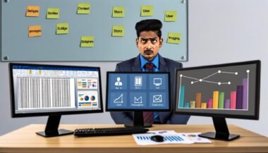 Führungskraft im Büro vor drei Monitoren: links eine unübersichtliche Excel-Tabelle, mittig ein farbiges Balkendiagramm in PowerPoint, rechts ein lebendiges, interaktives Dashboard mit klaren Visualisierungen. Im Vordergrund Notizzettel mit den Worten Kontext, Story, User, Insights.